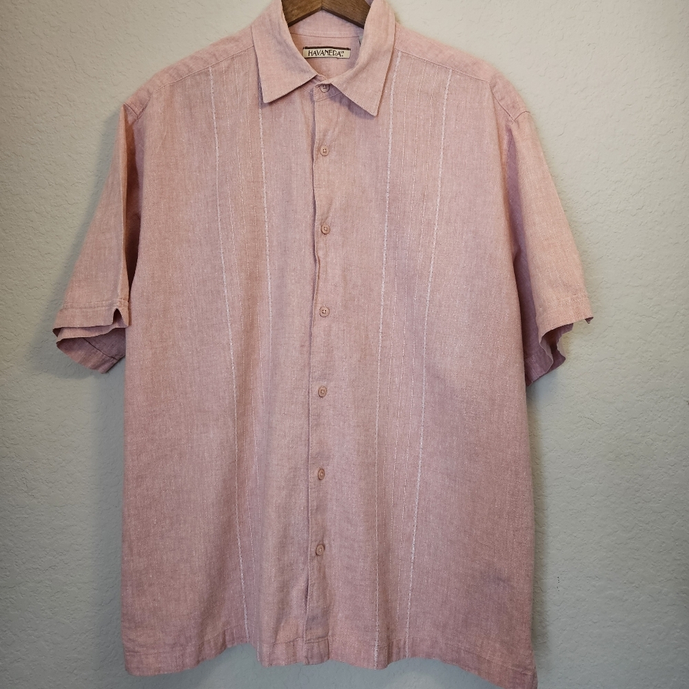 Havanera Mens Linen Shirt Size XL Salmon Pink Button Down Luxury Resortwear‎